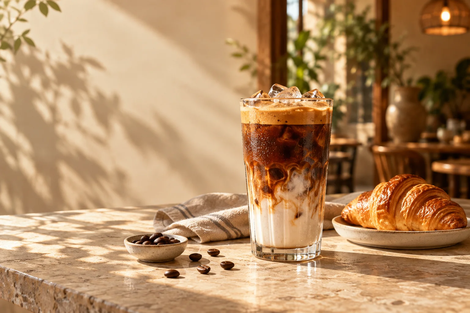 Mẫu cà phê sữa với bánh croissant, chụp trong nắng sớm